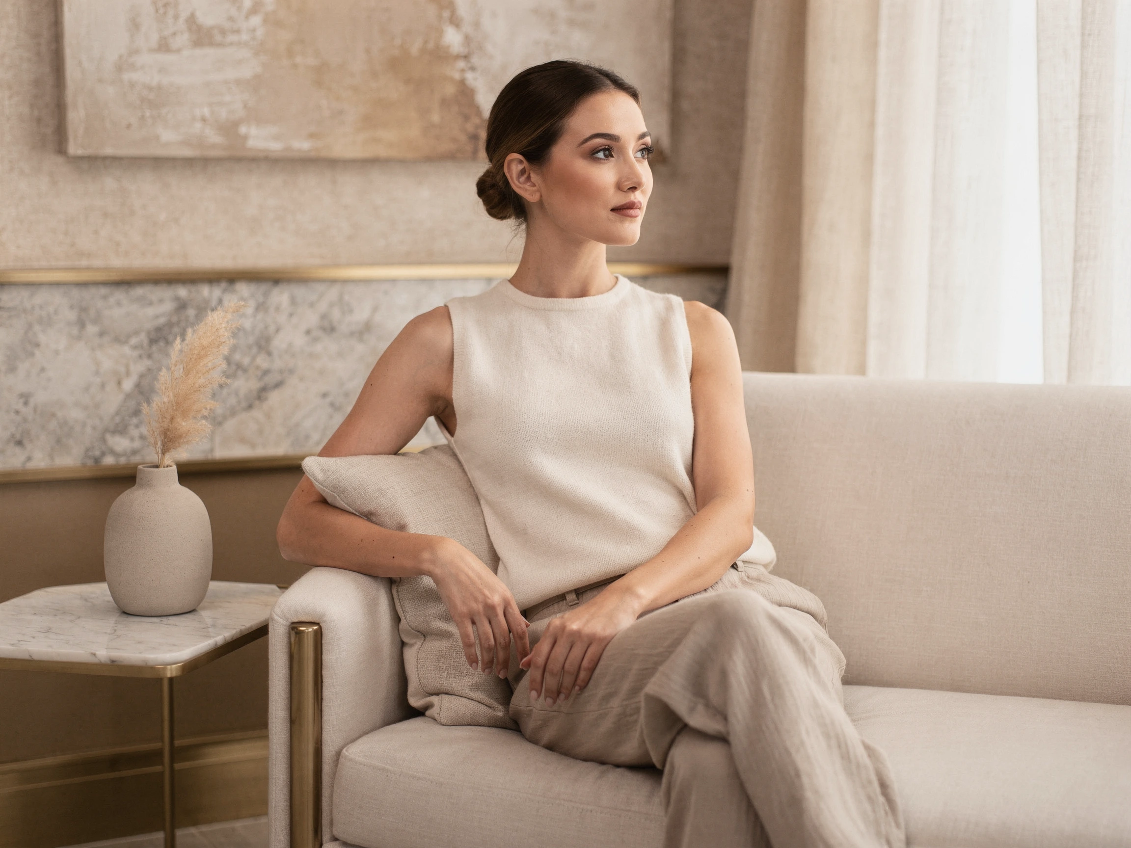 Woman sitting on a beige sofa in a modern interior setting, looking thoughtfully to the side